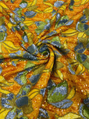 Orchid Flower Sequins Design - Orange - Embroidered 4 Way Stretch Full Of Sequins Fabric Sold By Yard