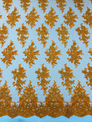 Metallic Floral Lace Fabric - Orange - Beautiful Floral Sequins on Lace Mesh Fabric By Yard