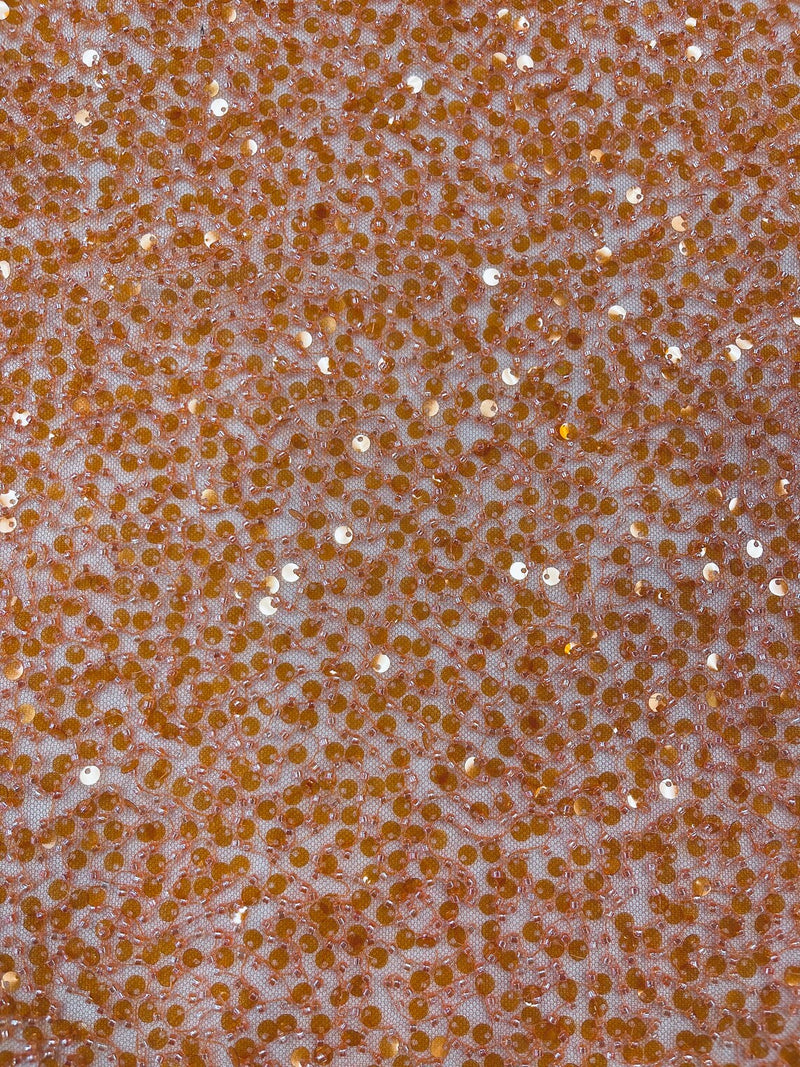 Beaded Sequins Pearl Fabric - Orange - Embroidered Pearl Beads and Sequins on Lace By Yard