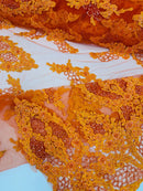 Beaded Floral Fabric - Orange - Luxury Bridal Floral Pattern Fabric With Beads, Sequins Sold By Yard