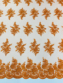 Flower Lace Sequins Fabric - Orange - Embroidered Floral Pattern Fabric with Sequins on Lace By Yard