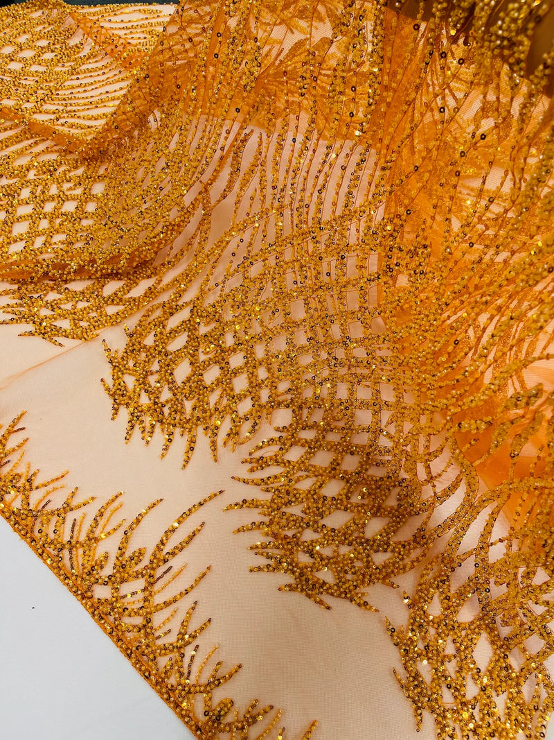 Beaded Embroidered Fabric - Orange - Embroidered Heart and Feather Pattern Fabric Sold By Yard