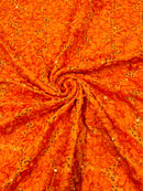 Sequins Satin Rosette Fabric - Orange - 3D Satin Rose Sequins Floral Fabric Sold By The Yard