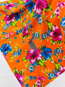 Hawaiian Floral Print Fabric - Orange - 45" Hibiscus Tropical Flower Cotton Fabric by Yard