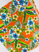 Hawaiian Floral Print Fabric - Orange - 45" Plumeria Tropical Flower Cotton Fabric by Yard