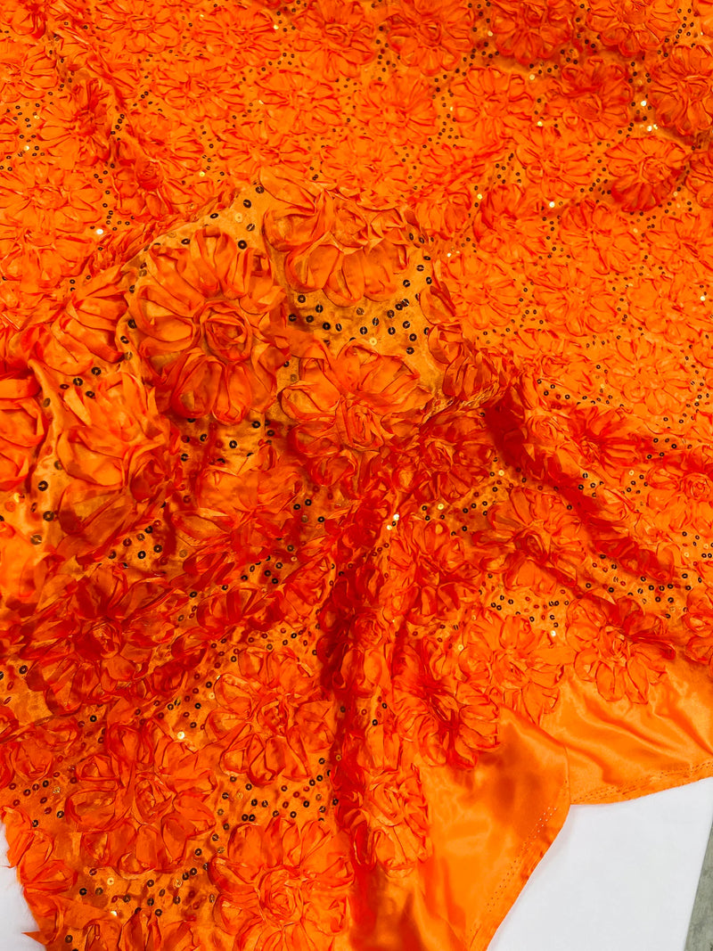 Sequins Satin Rosette Fabric - Orange - 3D Satin Rose Sequins Floral Fabric Sold By The Yard