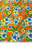 Hawaiian Floral Print Fabric - Orange - 45" Plumeria Tropical Flower Cotton Fabric by Yard