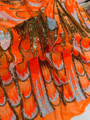 Olivia Sequins Design - Orange / Aqua / Gold - 4 Way Stretch Multi Color Sequin Fabric on Mesh Sold By Yard
