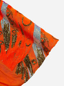 Olivia Sequins Design - Orange / Aqua / Gold - 4 Way Stretch Multi Color Sequin Fabric on Mesh Sold By Yard