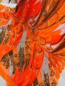 Olivia Sequins Design - Orange / Aqua / Gold - 4 Way Stretch Multi Color Sequin Fabric on Mesh Sold By Yard