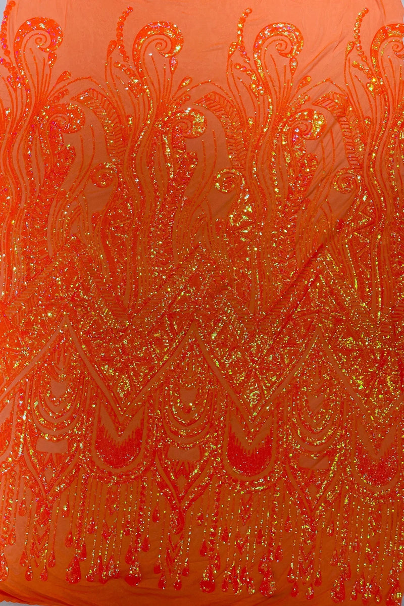 Zig Zag Tear Drop Sequins - Orange Iridescent - Embroidered Zig Zag Sequins 4 Way Stretch By Yard