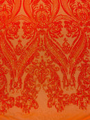 Big Damask Sequins - Orange Iridescent - Damask Sequin Design on 4 Way Stretch Fabric By Yard