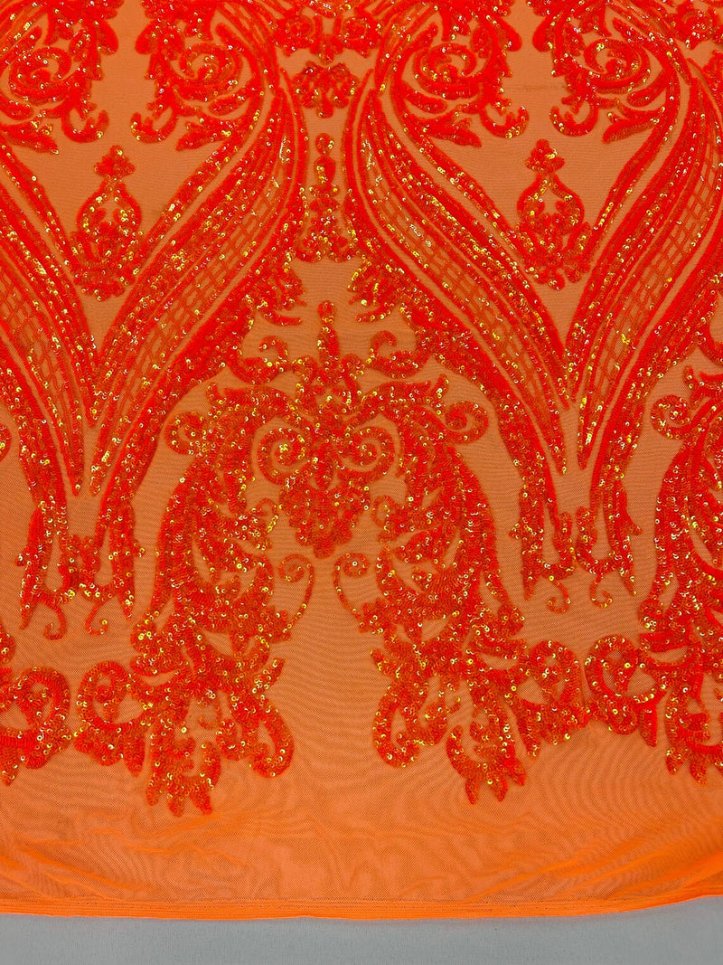 Big Damask Sequins - Orange Iridescent - Damask Sequin Design on 4 Way Stretch Fabric By Yard