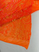 Zig Zag Tear Drop Sequins - Orange Iridescent - Embroidered Zig Zag Sequins 4 Way Stretch By Yard