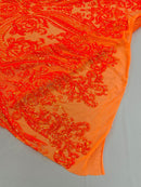 Big Damask Sequins - Orange Iridescent - Damask Sequin Design on 4 Way Stretch Fabric By Yard