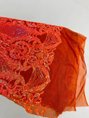 Damask Sequins Fabric - Orange Iridescent - Shiny Sequin Design on 4 Way Stretch Black Mesh Fabric By Yard