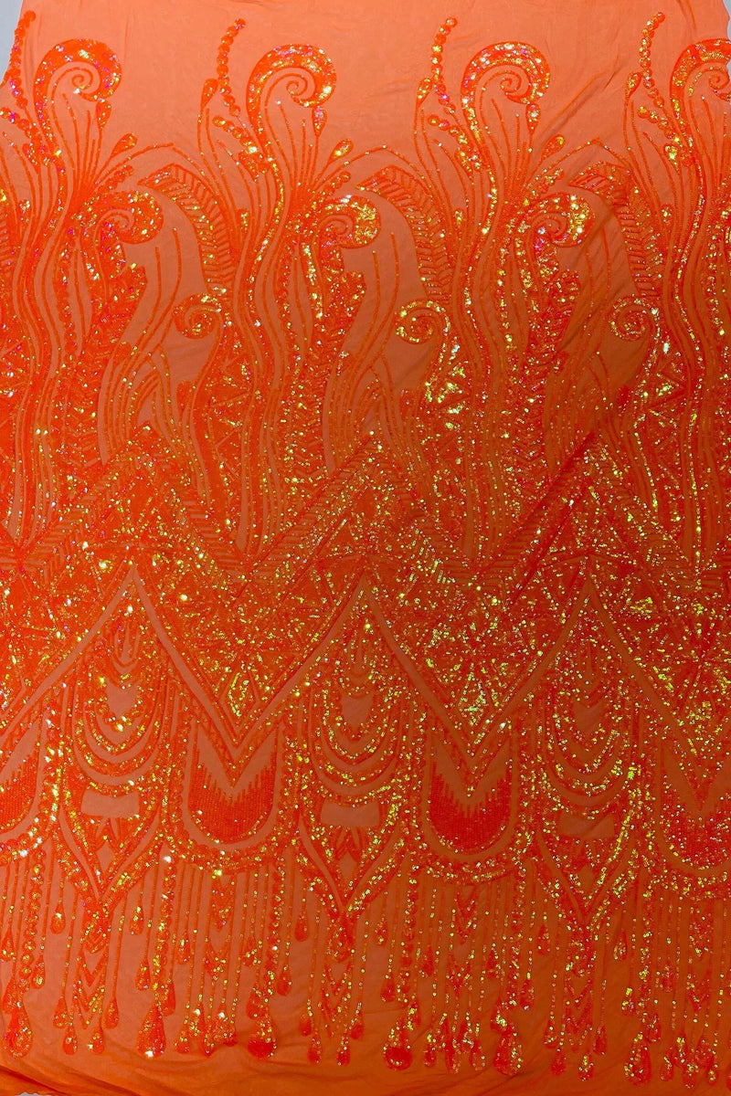 Zig Zag Tear Drop Sequins - Orange Iridescent - Embroidered Zig Zag Sequins 4 Way Stretch By Yard