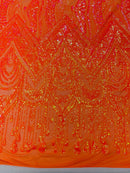 Zig Zag Tear Drop Sequins - Orange Iridescent - Embroidered Zig Zag Sequins 4 Way Stretch By Yard