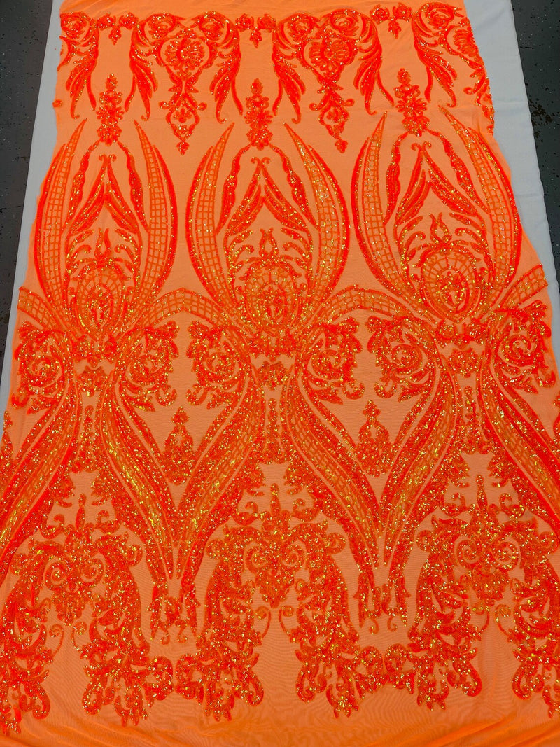 Big Damask Sequins - Orange Iridescent - Damask Sequin Design on 4 Way Stretch Fabric By Yard