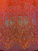 Damask Sequins Fabric - Orange Iridescent - Shiny Sequin Design on 4 Way Stretch Black Mesh Fabric By Yard