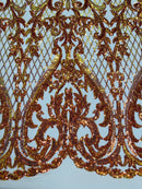 Heart Shape Sequins Fabric - Iridescent Orange - 4 Way Stretch Sequins Damask Fabric By Yard