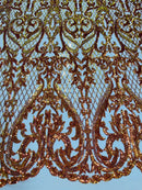 Heart Shape Sequins Fabric - Iridescent Orange - 4 Way Stretch Sequins Damask Fabric By Yard