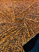 58/60" Velvet Sequins Stretch Fabric - Orange Iridescent on Black - Velvet Sequins 2 Way Stretch Sold By Yard