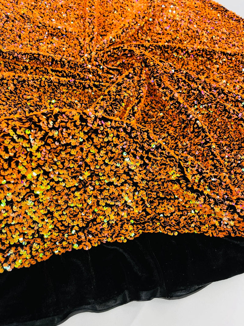 58/60" Velvet Sequins Stretch Fabric - Orange Iridescent on Black - Velvet Sequins 2 Way Stretch Sold By Yard