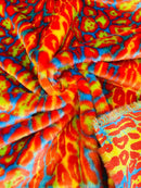 60" Multi-Color Leopard Print Fur Fabric - Orange / Yellow / Turquoise - Faux Fur Fabric By Yard