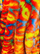 60" Multi-Color Leopard Print Fur Fabric - Orange / Yellow / Turquoise - Faux Fur Fabric By Yard