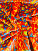 60" Multi-Color Leopard Print Fur Fabric - Orange / Yellow / Turquoise - Faux Fur Fabric By Yard