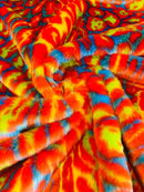 60" Multi-Color Leopard Print Fur Fabric - Orange / Yellow / Turquoise - Faux Fur Fabric By Yard