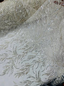 Off White Beaded Fabric by the yard, Bridal beaded, Damask Pattern With Beads and Sequin