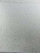 Off White Beaded Fabric By The Yard, Luxury Geometric Design Beads and Sequins