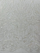 Off White Beaded Fabric By The Yard, Luxury Geometric Design Beads and Sequins