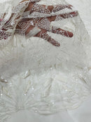 Off White Beaded Fabric By The Yard, Luxury Geometric Design Beads and Sequins