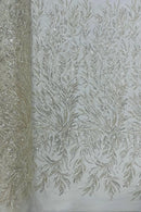 Off White Beaded Fabric by the yard, Bridal beaded, Damask Pattern With Beads and Sequin