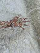 Off White Beaded Fabric by the yard, Bridal beaded, Damask Pattern With Beads and Sequin