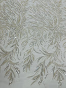 Off White Beaded Fabric by the yard, Bridal beaded, Damask Pattern With Beads and Sequin