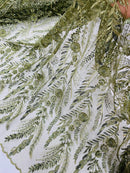Olive Floral Design Beads & Sequins, Lace Beaded Floral & Leaf Embroidered Lace