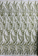Olive Floral Design Beads & Sequins, Lace Beaded Floral & Leaf Embroidered Lace