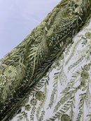 Olive Floral Design Beads & Sequins, Lace Beaded Floral & Leaf Embroidered Lace