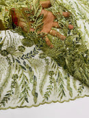 Olive Floral Design Beads & Sequins, Lace Beaded Floral & Leaf Embroidered Lace