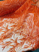 Orange Beaded Fabric by the yard, Bridal beaded, Damask Pattern With Beads and Sequin