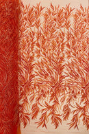 Orange Beaded Fabric by the yard, Bridal beaded, Damask Pattern With Beads and Sequin