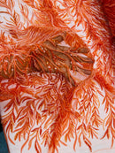 Orange Beaded Fabric by the yard, Bridal beaded, Damask Pattern With Beads and Sequin