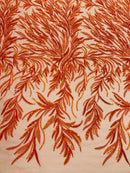 Orange Beaded Fabric by the yard, Bridal beaded, Damask Pattern With Beads and Sequin