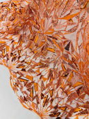 Orange Beaded Fabric By The Yard, Luxury Geometric Design Beads and Sequins