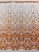 Orange Beaded Fabric By The Yard, Luxury Geometric Design Beads and Sequins