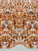 Orange Beaded Fabric By The Yard, Luxury Geometric Design Beads and Sequins
